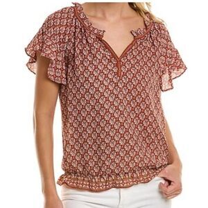 Max Studio Blouse Women M Multicolor Boho Short Ruffle‎ Sleeve V Neck AOP